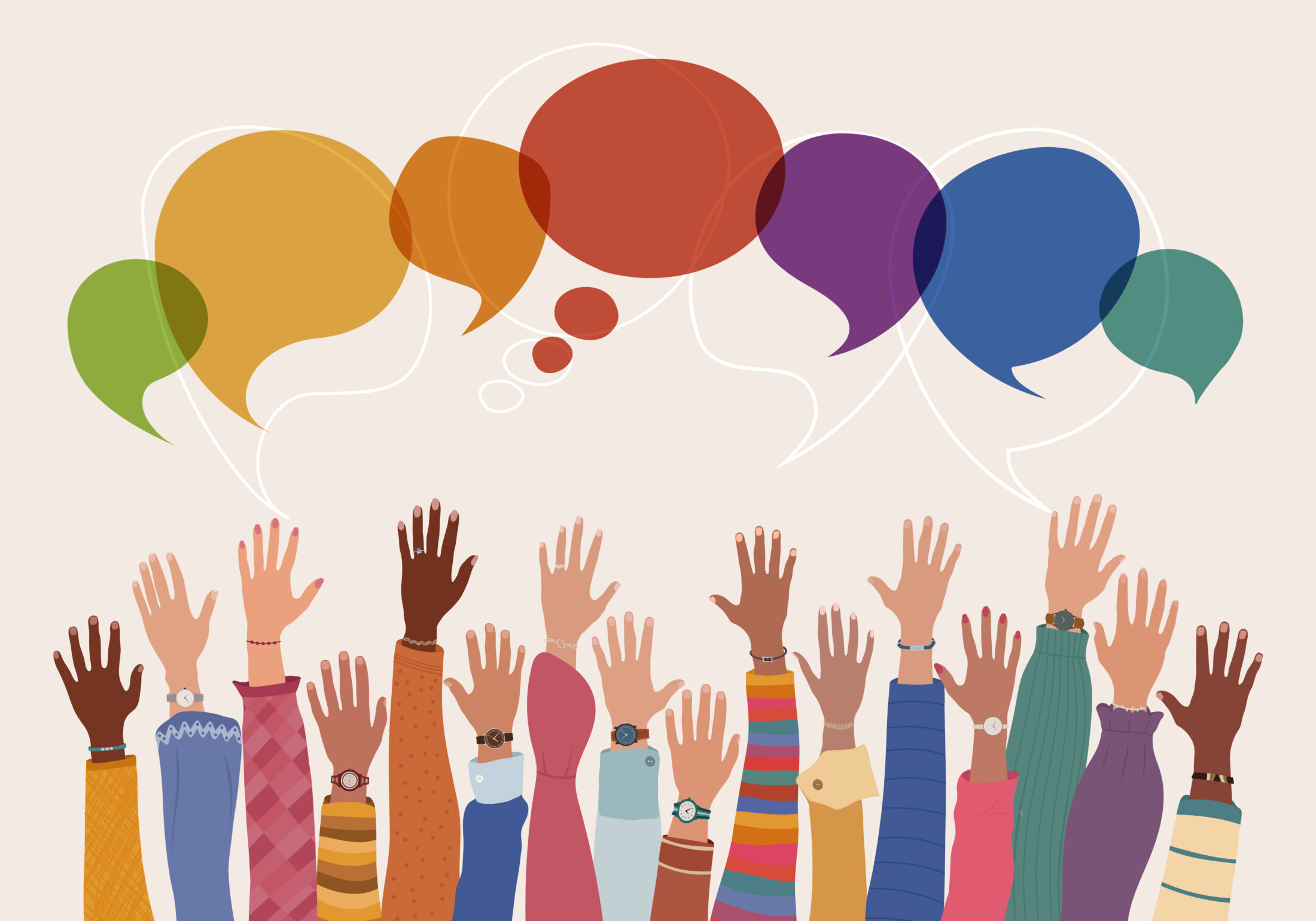 Illustration of anonymous diverse group with raised hands and colourful speech bubbles symbolizing communication, inclusion, equality, and multicultural unity. Isolated on light background